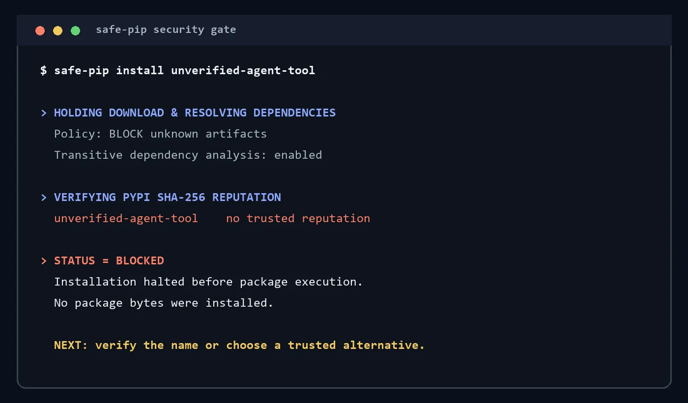 Terminal-style security report showing an unverified package blocked before installation.