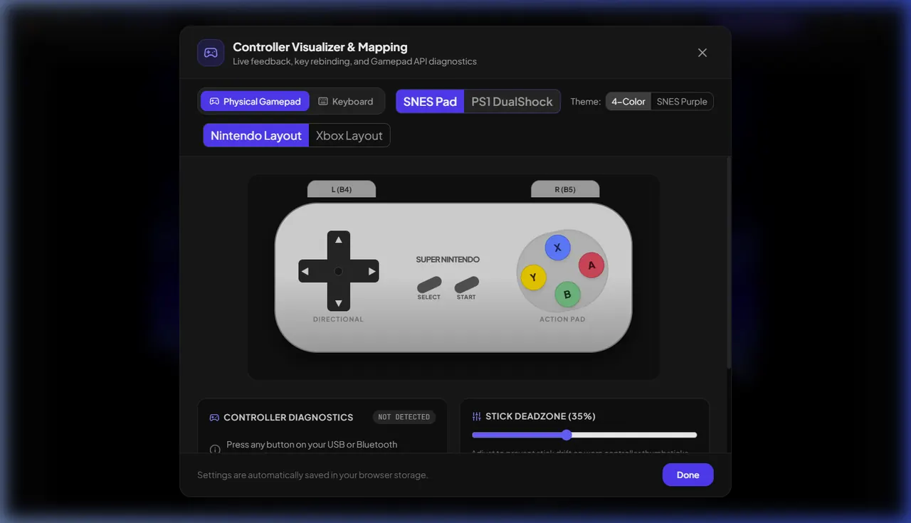 Retro2K controller visualizer showing an SNES-style gamepad, layout presets, and diagnostics.